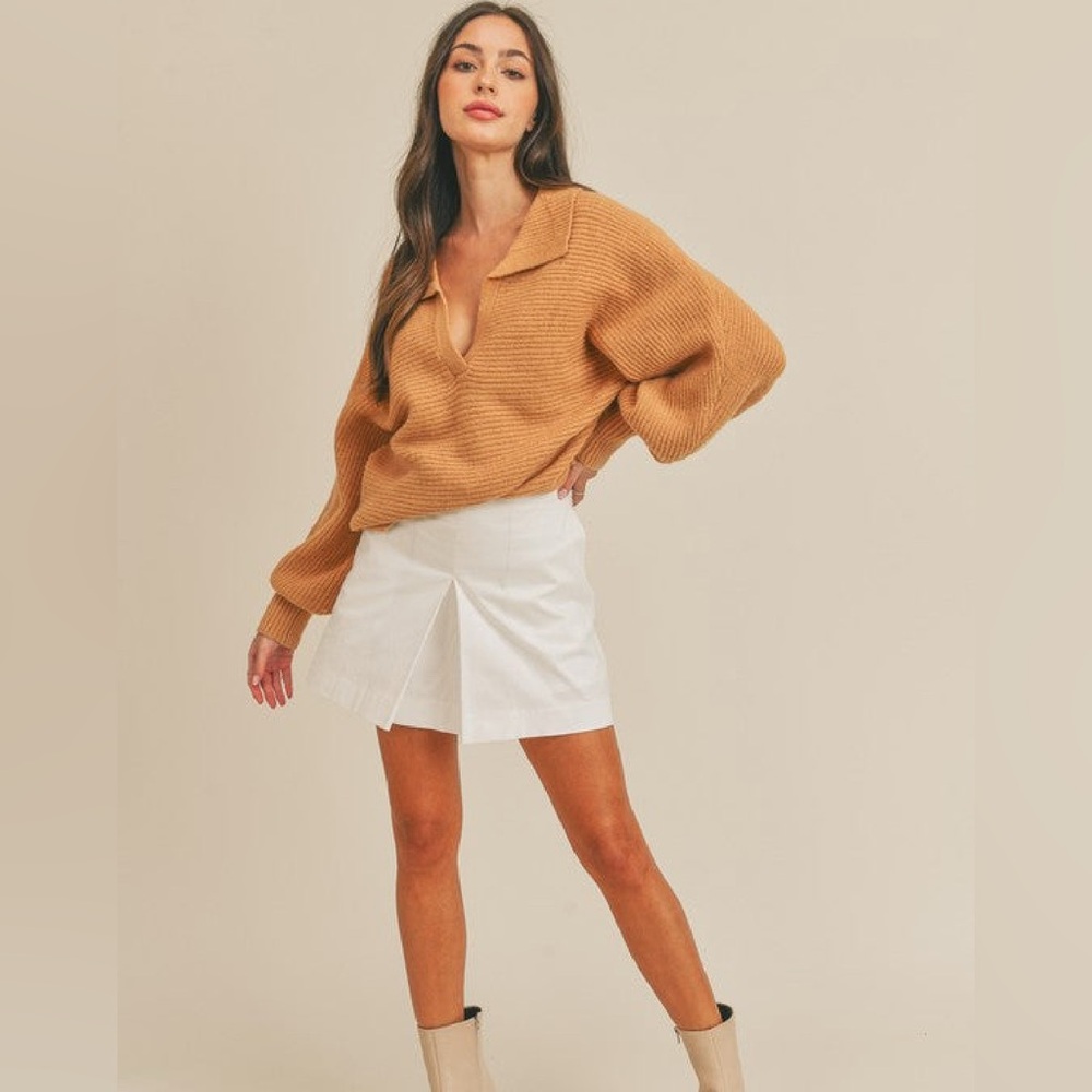 Tan Sweater and White Skirt Outfit